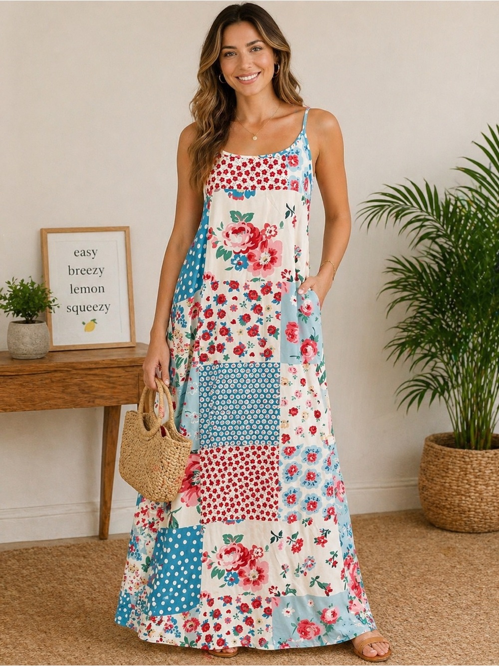 Floral Patchwork Maxi Dress - White with Red & Blue Floral Perfect Beach Dress! - Picture 2 of 5